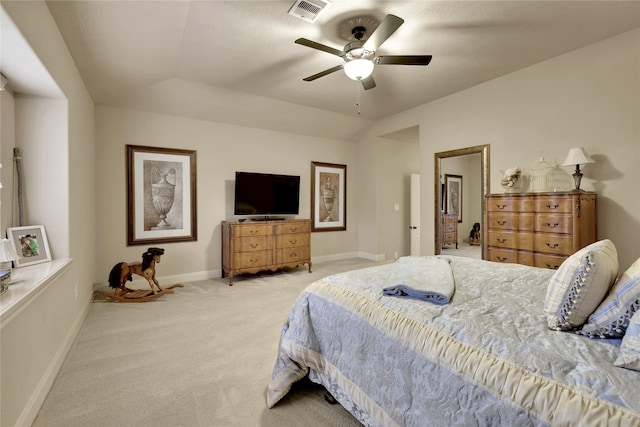 carpeted bedroom featuring ceiling fan and lofted ceiling