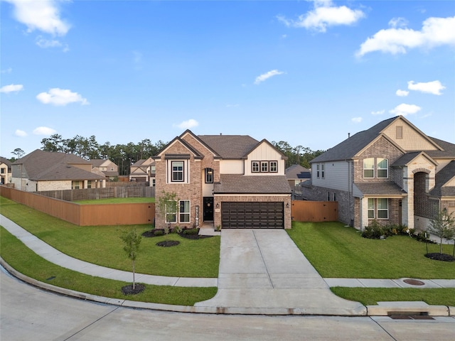 view of front of home with a garage, brick siding, fence, driveway, and a front lawn