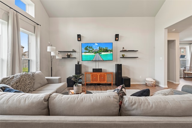 living room featuring wood-type flooring and vaulted ceiling