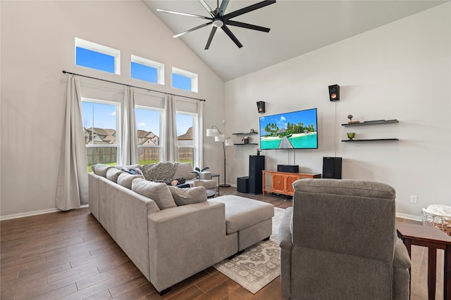 living room featuring high vaulted ceiling, ceiling fan, and dark hardwood / wood-style flooring