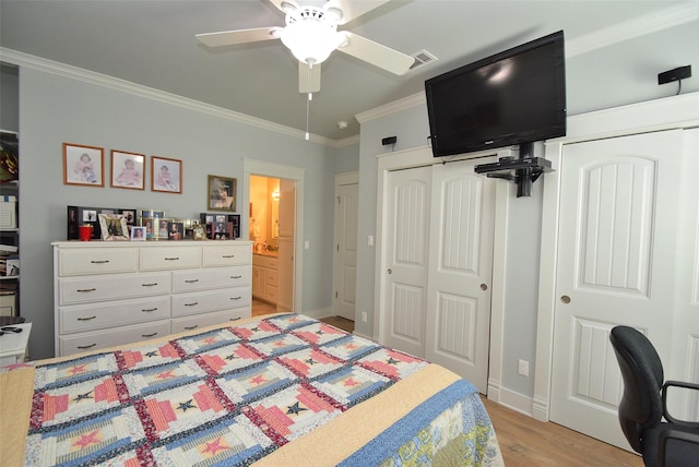 bedroom featuring ceiling fan, ornamental molding, and light hardwood / wood-style floors