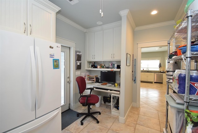 tiled office featuring ornamental molding