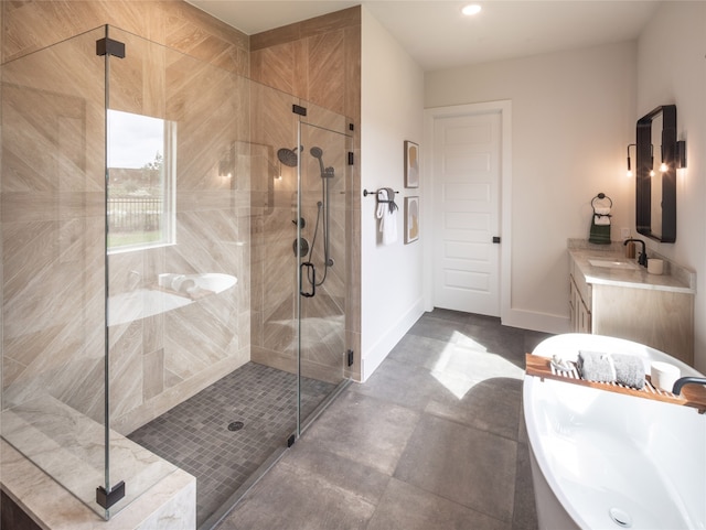 bathroom with plus walk in shower and vanity