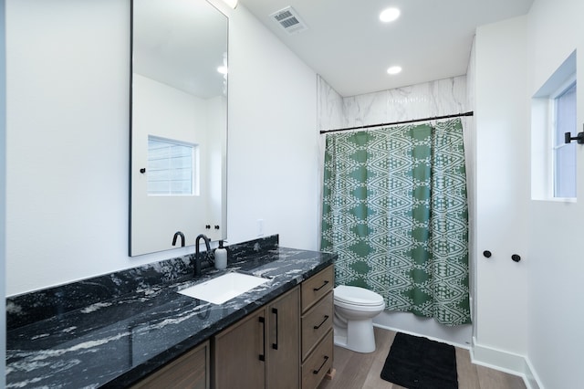 bathroom with vanity, toilet, and wood-type flooring