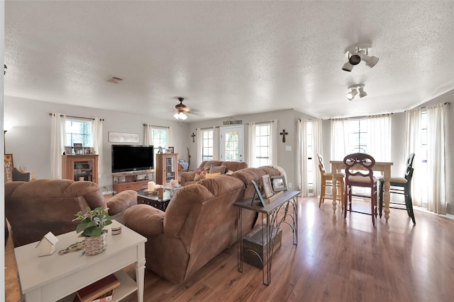 living room featuring hardwood / wood-style flooring, plenty of natural light, and a textured ceiling