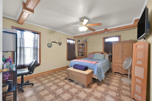 bedroom with crown molding and ceiling fan