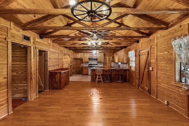 unfurnished office featuring wood ceiling, visible vents, and wooden walls