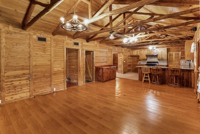 unfurnished living room with lofted ceiling with beams, wooden ceiling, wooden walls, and light wood finished floors