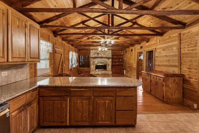 kitchen featuring light stone counters, wooden walls, wooden ceiling, dishwasher, and a peninsula