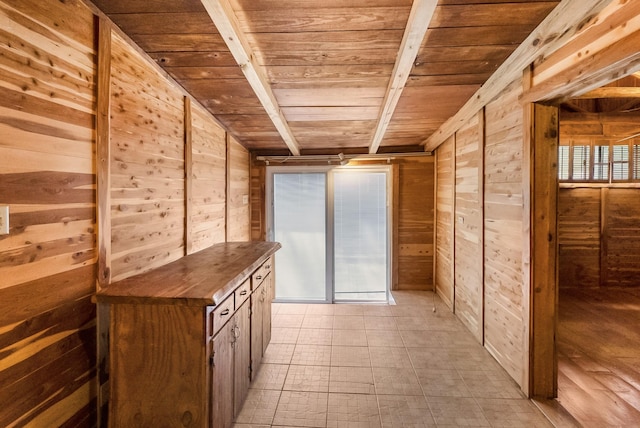 interior space with wooden ceiling and wood walls