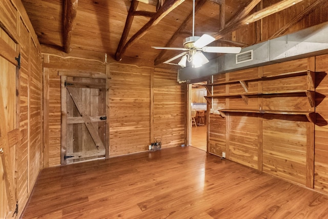 interior space featuring wood ceiling, wood finished floors, visible vents, and wooden walls