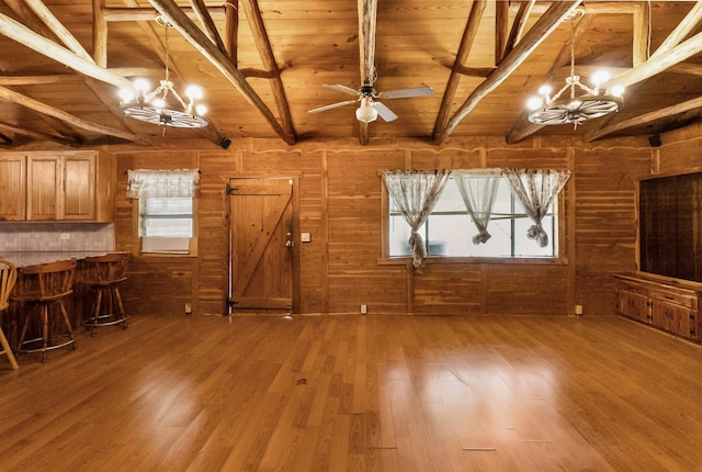 unfurnished living room with beamed ceiling, wooden ceiling, wood finished floors, and wooden walls