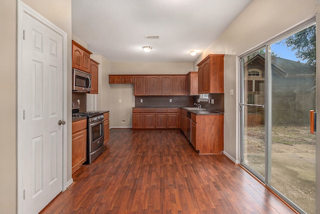 kitchen featuring dark wood-type flooring, sink, and stainless steel appliances