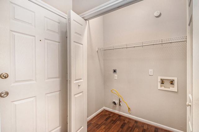 washroom featuring hookup for a gas dryer, washer hookup, hookup for an electric dryer, and dark wood-type flooring