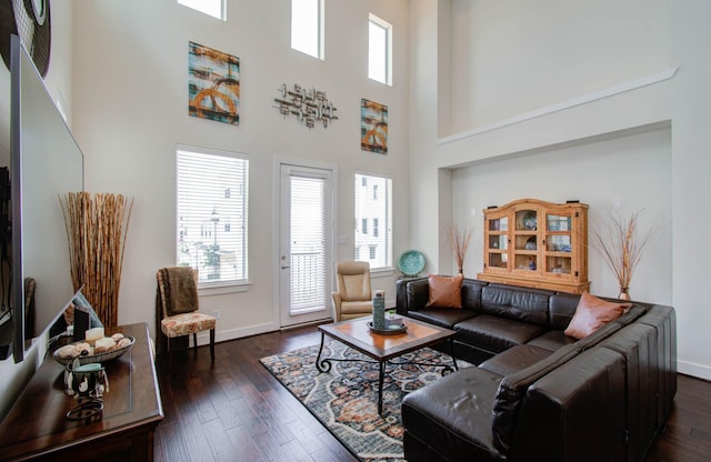 living room featuring a towering ceiling and dark hardwood / wood-style flooring