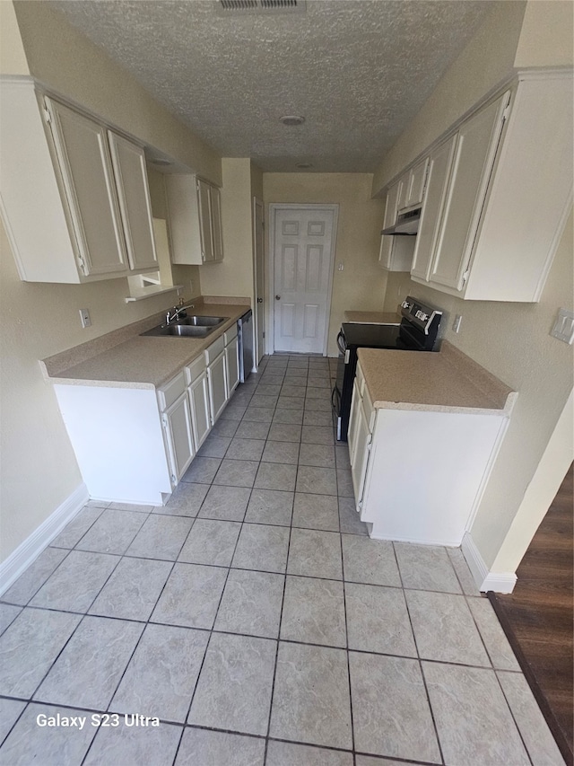 kitchen featuring white cabinetry, black electric range oven, sink, light hardwood / wood-style flooring, and a textured ceiling