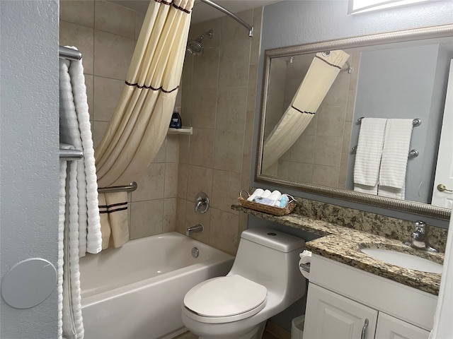 full bathroom with toilet, shower / bathtub combination with curtain, and vanity