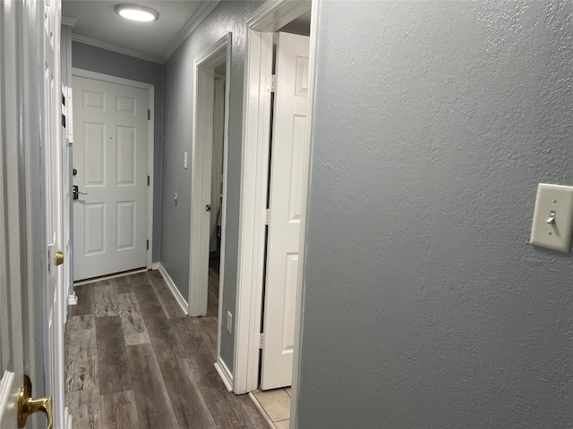 corridor with dark hardwood / wood-style flooring and ornamental molding