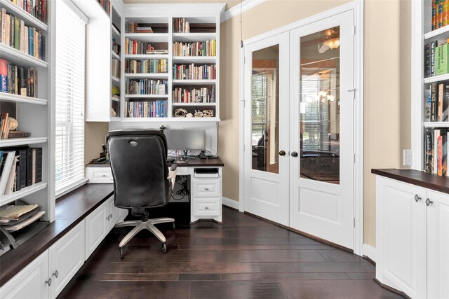 office area featuring dark hardwood / wood-style floors, plenty of natural light, and french doors