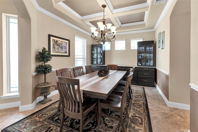 dining space featuring crown molding, coffered ceiling, and a chandelier