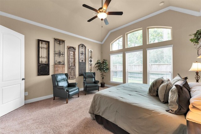 carpeted bedroom with multiple windows, crown molding, and vaulted ceiling