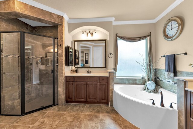 bathroom featuring vanity, shower with separate bathtub, and ornamental molding