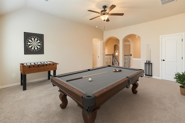 203 Gaillardia Ct, Pinehurst, TX 77362 - rec room featuring a ceiling fan, light carpet, baseboards, and lofted ceiling