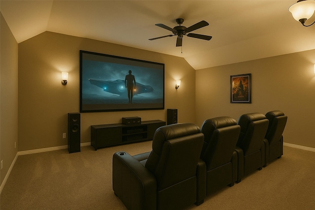 203 Gaillardia Ct, Pinehurst, TX 77362 - cinema with lofted ceiling, light carpet, a ceiling fan, and baseboards