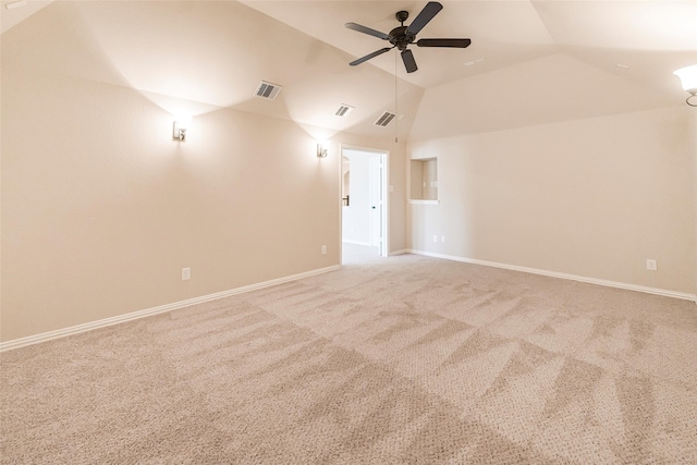 203 Gaillardia Ct, Pinehurst, TX 77362 - unfurnished room featuring vaulted ceiling, ceiling fan, baseboards, and carpet