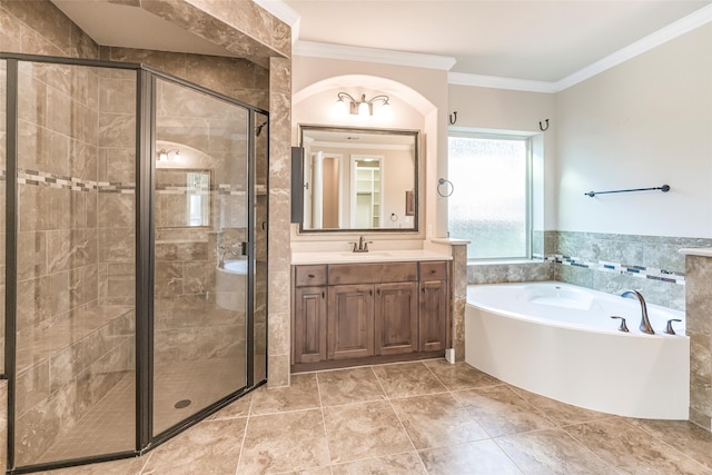 203 Gaillardia Ct, Pinehurst, TX 77362 - bathroom with a stall shower, a bath, crown molding, and vanity