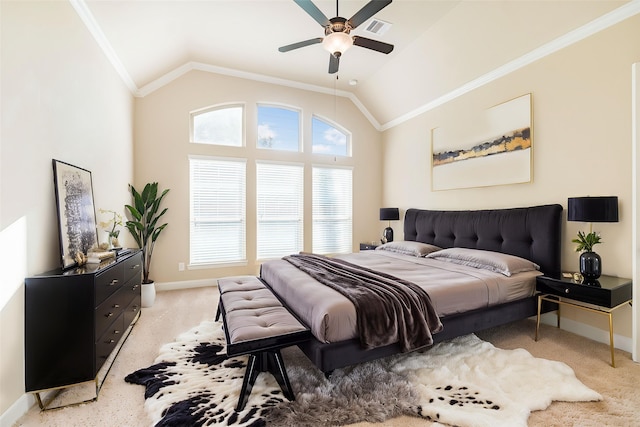 203 Gaillardia Ct, Pinehurst, TX 77362 - bedroom with light carpet, ornamental molding, multiple windows, vaulted ceiling, and baseboards