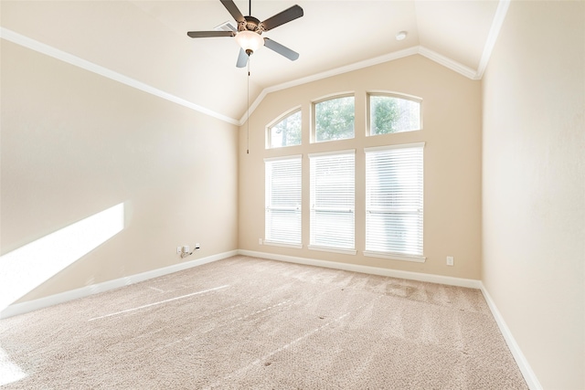203 Gaillardia Ct, Pinehurst, TX 77362 - spare room with vaulted ceiling, light carpet, a ceiling fan, crown molding, and baseboards