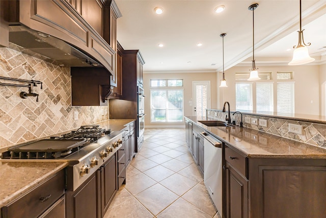 203 Gaillardia Ct, Pinehurst, TX 77362 - kitchen with appliances with stainless steel finishes, a sink, custom exhaust hood, crown molding, and tasteful backsplash