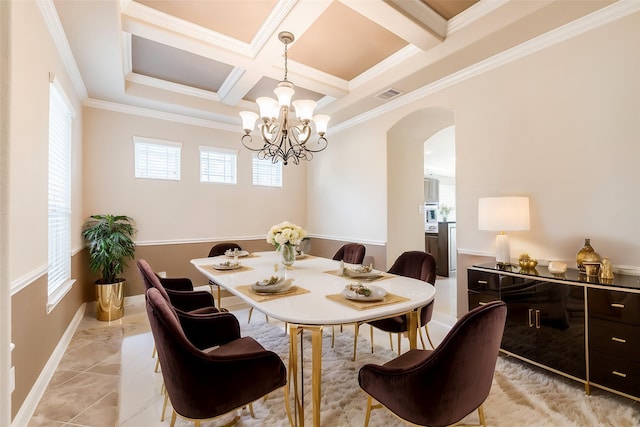 203 Gaillardia Ct, Pinehurst, TX 77362 - dining room featuring arched walkways, a chandelier, coffered ceiling, beam ceiling, and crown molding