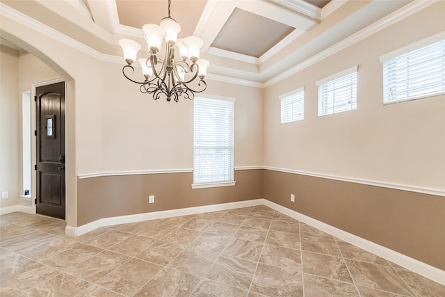 203 Gaillardia Ct, Pinehurst, TX 77362 - empty room featuring a chandelier, coffered ceiling, arched walkways, crown molding, and beamed ceiling