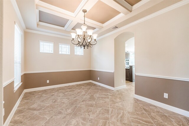 203 Gaillardia Ct, Pinehurst, TX 77362 - empty room featuring arched walkways, coffered ceiling, a chandelier, beamed ceiling, and ornamental molding