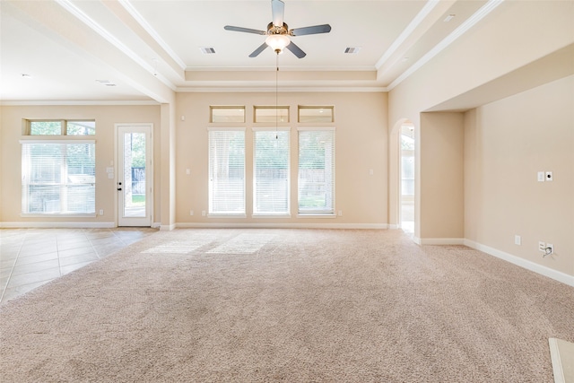 203 Gaillardia Ct, Pinehurst, TX 77362 - tiled empty room featuring a ceiling fan, ornamental molding, carpet flooring, and baseboards