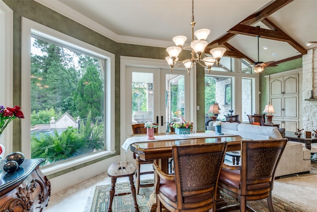 dining room with ceiling fan with notable chandelier, french doors, lofted ceiling with beams, and a wealth of natural light