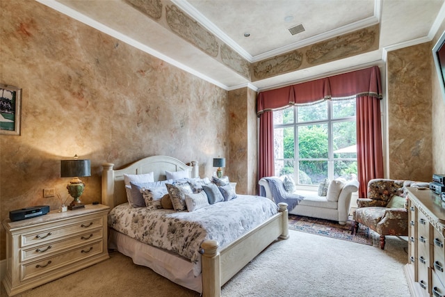 bedroom with light carpet and crown molding