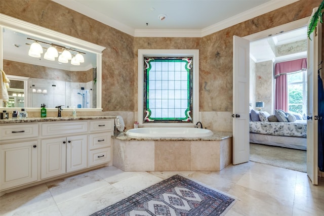 bathroom featuring vanity, ornamental molding, and independent shower and bath