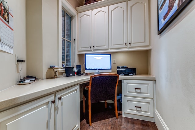 home office with dark wood-type flooring and built in desk