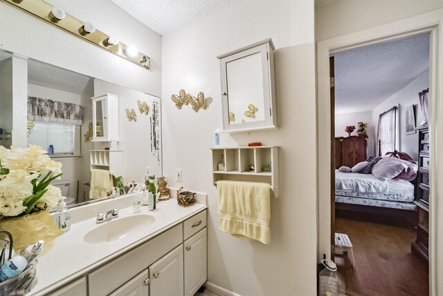 bathroom featuring vanity, a textured ceiling, and hardwood / wood-style floors