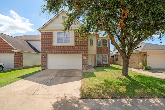 view of front of home with a garage and a front lawn