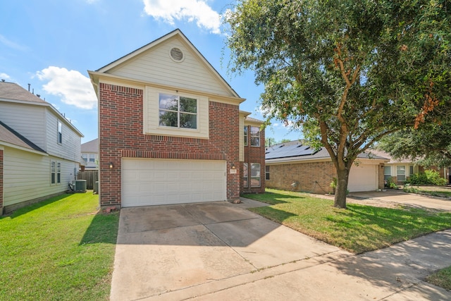 view of front property featuring a garage, central AC, solar panels, and a front lawn