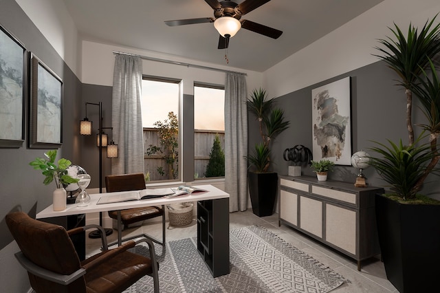 tiled office with ceiling fan