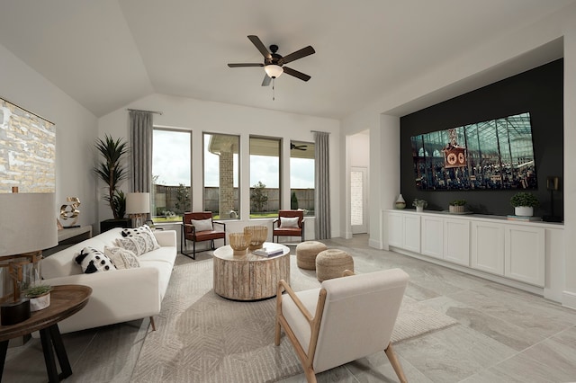 living room with ceiling fan and vaulted ceiling