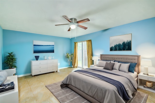 bedroom featuring light tile patterned floors and ceiling fan