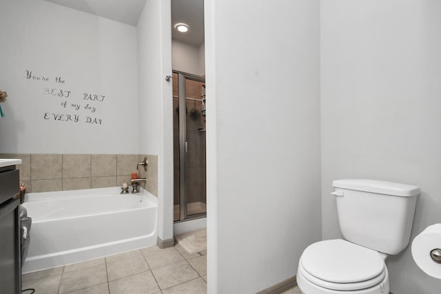 full bathroom with vanity, plus walk in shower, tile patterned flooring, and toilet