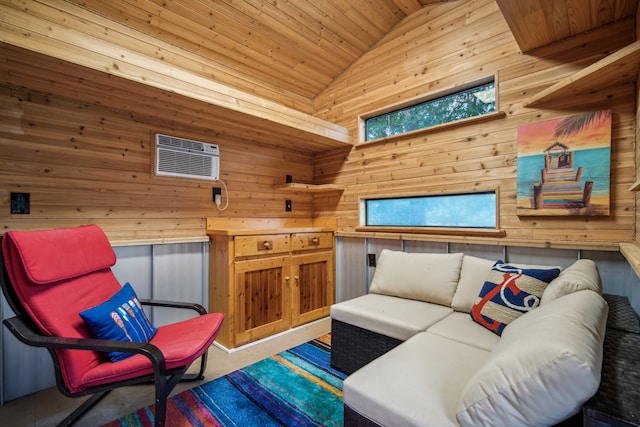 living room featuring high vaulted ceiling, wood walls, an AC wall unit, and wooden ceiling