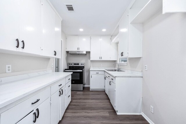 kitchen with sink, white cabinetry, electric stove, and dark hardwood / wood-style floors